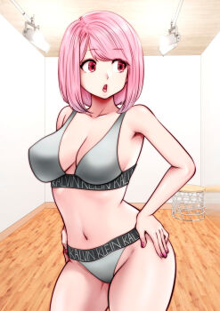 1girl bare_shoulders bra brand_name_imitation breasts calvin_klein cleavage collarbone deep_skin eguchi_tomoka fingernails floodlights grey_bra grey_panties gym hands_on_own_hips highres indoors kou_iu_no_ga_ii large_breasts looking_to_the_side medium_hair nail_polish navel open_mouth panties pink_eyes pink_hair pink_nails solo souryu sports_bra stomach thighs tongue underwear