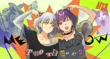 2girls absurdres bang_dream! bang_dream!_it's_mygo!!!!! black_choker black_shirt blue_eyes cat choker frilled_shirt frills green_outline grey_shirt hands_up heterochromia highres kaname_raana multiple_girls off-shoulder_shirt off_shoulder one_eye_closed open_mouth outline pink_hair purple_hair rainbow_hose shirt short_hair white_shirt yellow_eyes yuutenji_nyamu