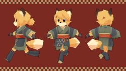 1girl 3d animal_ears animated black_eyes blonde_hair facing_away facing_viewer fox_ears fox_girl fox_tail from_side furry furry_female gloves hair_bun hair_ornament hairclip hairdressing japanese_clothes kimono leedoppo looping_animation low_poly multiple_views obi red_background running sash tagme tail video