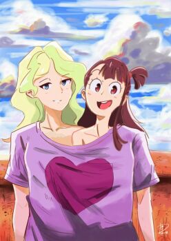 2girls blonde_hair blue_eyes blush brown_hair cloud deanialsart diana_cavendish highres kagari_atsuko little_witch_academia multicolored_hair multiple_girls outdoors ponytail purple_shirt red_eyes shared_clothes sharing shirt short_ponytail sky smile two-tone_hair yuri