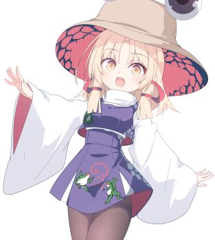 1girl absurdres animal_print black_pantyhose blonde_hair blunt_ends blush breasts brown_hat commentary_request cropped_vest darumoon fingernails frog_print hair_ribbon hat high-waist_skirt highres long_sleeves looking_at_viewer medium_breasts miniskirt moriya_suwako open_mouth pantyhose parted_bangs purple_skirt purple_vest ribbon shirt simple_background skirt skirt_set smile solo thighs touhou tress_ribbon turtleneck two-sided_fabric vest white_background white_shirt wide_sleeves yellow_eyes
