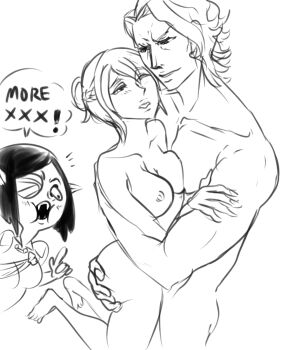 1boy 2girls alternate_costume blush dragon_girl effie_(fire_emblem) eyepatch fangs feet female_corrin_(fire_emblem) fire_emblem fire_emblem_fates grabbing_another&#039;s_ass groping hair_bun multiple_girls nintendo nipples nude one_eye_closed pointy_ears revolting_rat sketch speech_bubble voyeurism xander_(fire_emblem)