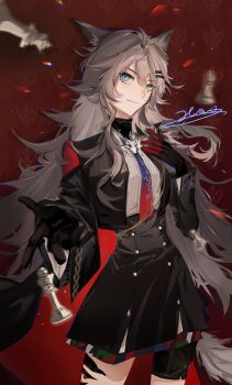 Rule 34 | 1girl, animal ears, arknights, bishop (chess), black cape, black gloves, black jacket, black skirt, blue eyes, bolo tie, cape, chess piece, chinese commentary, closed mouth, commentary request, cowboy shot, daihao1863, glint, gloves, grey hair, grey tail, hair between eyes, hair ornament, hairclip, highres, jacket, lappland (arknights), lappland the decadenza (arknights), light particles, light smile, long hair, long sleeves, looking at viewer, material growth, oripathy lesion (arknights), queen (chess), reaching, reaching towards viewer, red background, red cape, red gloves, shirt, signature, skirt, solo, standing, tail, two-sided cape, two-sided fabric, white shirt, wolf ears, wolf girl, wolf tail