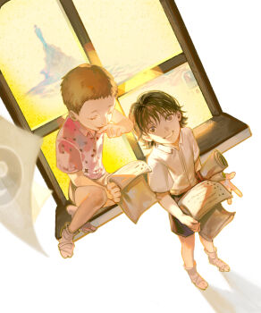 Rule 34 | 1boy, 1girl, aged down, aquiline nose, blonde hair, chrollo lucilfer, closed eyes, highres, hunter x hunter, komeokun, nose, pakunoda, short hair, white background