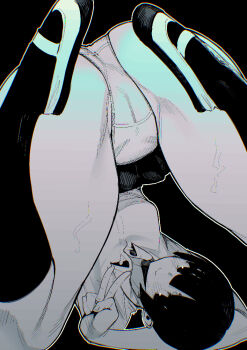 1girl ass black_background blush breasts closed_mouth eyebrows_hidden_by_hair hair_over_eyes looking_at_viewer looking_to_the_side medium_breasts original panties partially_visible_vulva school_uniform shirt shoes short_hair simple_background skirt smile socks solo sugimoto_takeshi underwear upside-down v white_panties