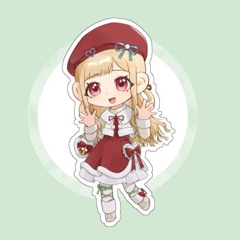 Rule 34 | 1girl, aqua ribbon, bag, bag bow, beret, blonde hair, boots, bow, capelet, chibi, circle, dot nose, dress, dress bow, eyelashes, eyes visible through hair, footwear bow, frilled dress, frills, fur-trimmed boots, fur-trimmed jacket, fur-trimmed sleeves, fur trim, green background, green ribbon, grey jacket, hair ribbon, hair rings, handbag, hands up, happy, hat, hat ornament, hat ribbon, heart, heart-shaped bag, heart hat ornament, highres, infinity nikki, jacket, knee boots, lace-up boots, leg ribbon, light blush, long hair, long sidelocks, long sleeves, medium dress, muhai668, neck ribbon, nikki (series), open clothes, open jacket, open mouth, outline, pantyhose, pink eyes, pom pom (clothes), red bow, red dress, red hat, red ribbon, ribbon, shirt under dress, sidelocks, smile, snowy encounter (infinity nikki), solo, tareme, very long hair, wavy hair, white boots, white capelet, white outline, white pantyhose, yellow bag