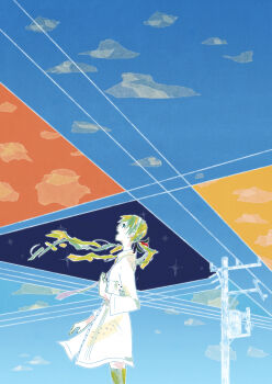 Rule 34 | 1girl, :d, abstract, album cover, alternate costume, aqua hair, aqua necktie, blonde hair, blue eyes, blue sky, cloud, collared dress, cover, cowboy shot, dress, floating hair, from side, hair ribbon, hand up, hatsune miku, highres, long hair, long sleeves, looking up, low twintails, masking tape (medium), mixed media, multicolored hair, necktie, open mouth, power lines, profile, ribbon, ryono, sky, smile, solo, textless version, thighhighs, traditional media, twintails, unconventional media, utility pole, vocaloid, white dress, wide sleeves, world on color (vocaloid), zettai ryouiki
