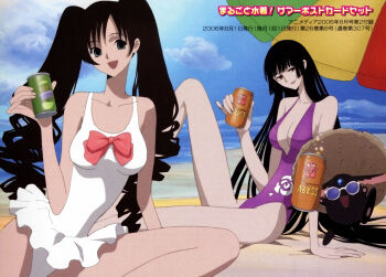2girls can clamp hat highleg highleg_one-piece_swimsuit highres himawari_kunogi hime_cut ichihara_yuuko long_hair multiple_girls official_art one-piece_swimsuit sunglasses swimsuit twintails umbrella xxxholic