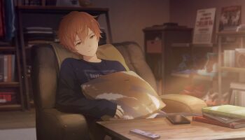 1boy :| black_pants blonde_streaks blue_shirt book book_stack closed_mouth colorful_palette controller cushion ear_piercing game_cg hair_between_eyes highres long_sleeves looking_at_viewer male_focus official_art orange_hair pants piercing project_sekai rekindle_the_flame_(project_sekai) remote_control shelf shinonome_akito shirt shoes short_hair sitting sleeves_past_wrists sneakers solo table third-party_source yellow_eyes