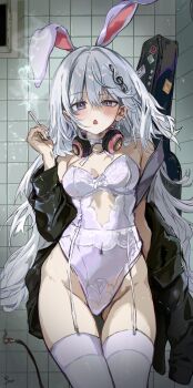 1girl animal_ear_hairband animal_ears arm_behind_back artist_name bathroom black_coat blush bow breasts choker cigarette coat collar decal earphones earphones_around_neck earrings fake_animal_ears garter_belt garter_straps grey_hair guitar guitar_case hair_ornament hairband headset highleg highres holding holding_cigarette indoors industrial_pipe instrument instrument_case jewelry label long_hair looking_at_viewer medium_breasts musical_note navel no_panties off_shoulder one-piece_swimsuit open_mouth original pov purple_nails rabbit_ear_hairband rabbit_ears saya_(mychristian2) see-through_clothes see-through_one-piece_swimsuit signature skirt smoking solo standing star_(symbol) suspender_skirt suspenders swimsuit tile_wall tiles undressing water white_hair window