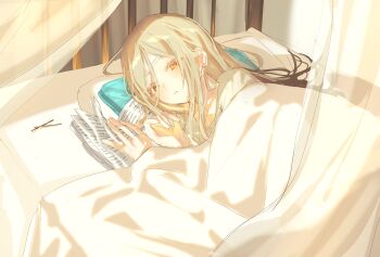 1girl absurdres bed bed_sheet blonde_hair blush cold_pack colored_eyelashes curtains gakuen_idolmaster gradient_hair grey_hair highres idolmaster indoors jio_(baku_zugogo) long_hair looking_at_viewer lying multicolored_hair notebook on_bed on_side orange_eyes parted_lips pillow shinosawa_hiro shirt sick solo under_covers upper_body white_shirt