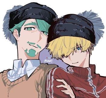2boys alternate_costume beanie beard black_hat blue_eyes border brown_sweater challia_bull char_aznable collared_shirt facial_hair green_eyes green_hair gundam gundam_gquuuuuux hair_over_one_eye hand_on_own_shoulder hat highres jacket looking_at_viewer male_focus mire_f05 multiple_boys mustache outside_border purple_background red_jacket shirouzu_(gundam) shirt short_hair simple_background sweater track_jacket upper_body white_border white_shirt wing_collar
