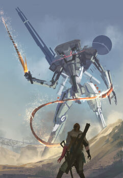 Rule 34 | 1boy, assault visor, desert, energy sword, glowing, glowing sword, glowing weapon, highres, holding, holding sword, holding weapon, leaning back, looking up, mecha, mechanical arms, metal gear (robot), metal gear (series), metal gear sahelanthropus, metal gear solid v: the phantom pain, military, military vehicle, mobius (mobiusu14), non-humanoid robot, open hands, robot, science fiction, single mechanical arm, sword, venom snake, weapon