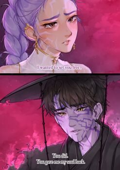 Rule 34 | 1boy, 1girl, absurdres, bare shoulders, black border, black hair, black hat, black robe, body markings, border, braid, brown hair, chain, chain earrings, commentary, demon boy, disintegration, earrings, english commentary, english text, facial mark, furrowed brow, gold earrings, gold trim, hair between eyes, hat, highres, jewelry, jinu (kpop demon hunters), korean clothes, kpop demon hunters, long hair, looking at another, multiple earrings, parted bangs, parted lips, purple hair, robe, rumi (kpop demon hunters), shirt, short hair, shynmeiart, single braid, tears, turtleneck, twitter username, upper body, white shirt, wide brim, yellow eyes