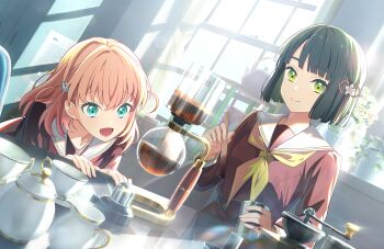 2girls aqua_eyes black_hair blunt_bangs blunt_ends bob_cut brown_dress cerise_bouquet closed_mouth clubroom coffee coffee_grinder coffee_maker coffee_siphon creamer_(vessel) crossed_bangs cup dress dutch_angle flower flower_knot game_cg green_eyes hair_flower hair_ornament hands_on_table hasu_no_sora_school_uniform highres hinoshita_kaho holding in-universe_location indoors leaning_forward link!_like!_love_live! long_sleeves love_live! medium_hair momose_ginko multiple_girls neckerchief non-web_source official_art open_mouth orange_hair rabbit_hair_ornament red_neckerchief sailor_collar sailor_dress saucer school_uniform short_hair smile split_mouth teacup teapot two_side_up virtual_youtuber white_flower white_sailor_collar window window_shadow winter_uniform yellow_neckerchief