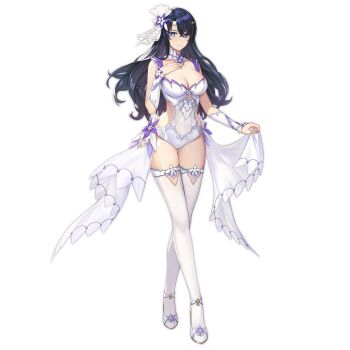 1girl artist_request black_hair breasts bridal_one-piece_swimsuit bridal_swimsuit bridal_veil bride circlet cleavage clothing_cutout commentary commentary_request detached_collar detached_sleeves english_commentary flower full_body grey_eyes hair_flower hair_ornament hand_on_own_chest high_heels isolet_(king&#039;s_raid) king&#039;s_raid korean_commentary large_breasts long_hair mixed-language_commentary nontraditional_wedding_dress official_alternate_costume official_art one-piece_swimsuit purple_flower purple_trim sarong sarong_hold second-party_source shoes short_sleeves side_cutout simple_background solo swimsuit thighhighs veil white_background white_flower white_one-piece_swimsuit white_sarong white_shoes white_sleeves white_thighhighs