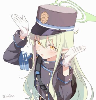 1girl absurdres armband black_hat black_jacket blue_archive blue_armband blush commentary earrings gloves hair_between_eyes halo hat highres hikari_(blue_archive) jacket jewelry koshka_pic long_hair long_sleeves looking_at_viewer open_mouth pointy_ears rabbit_pose sidelocks simple_background solo twitter_username upper_body white_background white_gloves yellow_eyes