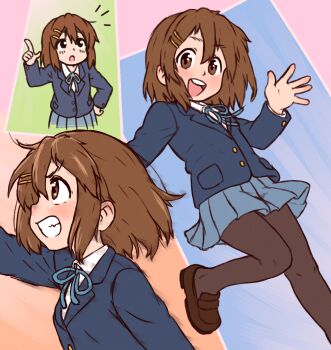 1girl beachepisode blue_skirt blush brown_eyes brown_hair brown_pantyhose brown_shoes clenched_teeth commentary double-parted_bangs english_commentary hair_between_eyes hair_ornament hairclip highres hirasawa_yui index_finger_raised k-on! loafers long_sleeves looking_at_viewer open_mouth pantyhose parallel_hairclips pleated_skirt sakuragaoka_high_school_uniform school_uniform shoes short_hair skirt smile solo teeth tongue upper_teeth_only