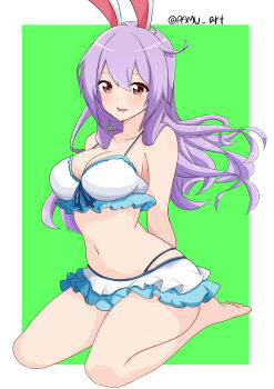 1girl absurdres animal_ears bare_arms bare_legs barefoot bikini blush border breasts brown_eyes cleavage collarbone feet frilled_bikini frills green_background hair_between_eyes highres large_breasts long_hair looking_at_viewer navel open_mouth pamu_art purple_hair rabbit_ears reisen_udongein_inaba simple_background sitting smile solo swimsuit thighs toes touhou twitter_username wariza white_bikini white_border