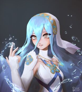 Rule 34 | 1girl, absurdres, azura (fire emblem), blue hair, breasts, brown eyes, commentary, detached collar, detached sleeves, double-parted bangs, english commentary, fire emblem, fire emblem fates, hair between eyes, highres, jewelry, long hair, nintendo, parted lips, pendant, pipo 475, portrait, signature, small breasts, smile, solo, water, water drop, white headdress