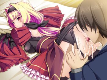 1boy 1girl anilingus anus ass azarin_(exs-tia) bed black_panties blonde_hair blush bow breasts brown_hair censored clothing_aside cum cum_on_ass cum_on_body cunnilingus dress faceless faceless_male frills game_cg hair_bow hair_intakes hair_ribbon hairband hetero hugging_object juliet_sleeves kouyoku_senki_exs-tia large_variant_set licking long_hair long_sleeves looking_back medium_breasts miyashiro_ryuutarou mosaic_censoring non-web_source official_art oral panties panties_aside pillow pillow_hug puffy_sleeves pussy pussy_juice red_dress red_eyes ribbon skirt solo_focus thighhighs tongue tongue_out top-down_bottom-up underwear variant_set