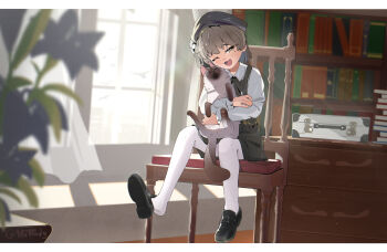 1girl absurdres animal animal_hug beret black_hat black_shoes book book_stack bookshelf bow briefcase brown_eyes brown_hair cat chair chest_of_drawers commentary day english_commentary green_bow green_overalls green_skirt hat hatoba_tsugu highres hottodg indoors looking_at_viewer medium_hair mole mole_under_eye on_chair one_eye_closed open_mouth overalls pantyhose plant potted_plant shirt shoes sitting skirt smile sunlight tongue tsugu_(vtuber) virtual_youtuber white_pantyhose white_shirt window
