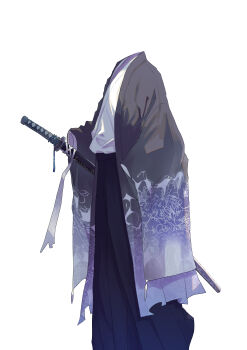 1boy a_knight_(reverse:1999) absurdres blue_hakama blue_pants commentary_request floral_print grey_robe hakama headless highres holding holding_sword holding_weapon hoshimori539jp japanese_clothes katana male_focus no_hands obi pants reverse:1999 robe sash sheath sheathed shirt sword weapon white_background white_shirt