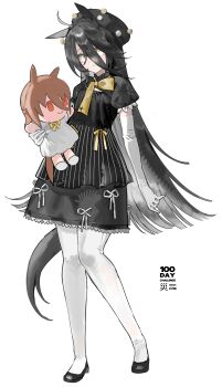 1girl absurdres agnes_tachyon_(umamusume) ahoge animal_ears beret black_hair black_hat black_shirt black_shoes black_skirt character_doll closed_mouth commentary doll elbow_gloves gloves hair_between_eyes hat hay highres holding holding_doll horse_ears horse_girl horse_tail long_bangs long_hair long_hair_between_eyes looking_at_viewer manhattan_cafe_(umamusume) multicolored_hair pantyhose shirt shoes short_sleeves skirt solo tail umamusume very_long_hair wazawai_(isotwen) white_gloves white_hair white_pantyhose yellow_eyes
