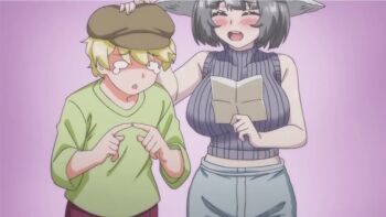 1boy 1girl 2023 20s age_difference animated anime_screenshot bag blonde_hair blunt_bangs blunt_ends blush bob_cut boy_(majo_wa_kekkyoku_sono_kyaku_to) breast_pocket breasts broom button_dress choker closed_eyes collarbone crystal_ball dark-skinned_male dark_elf dark_skin door elf english_text glasses green_hair green_shirt grey_hair hand_up happy hat headpat high_ponytail hotel_room large_breasts leo_(majo_wa_kekkyoku_sono_kyaku_to) letter long_hair lowres magical_mojikawa majo_wa_kekkyoku_sono_kyaku_to..._the_animation mashima_mojikawa mature_female mojikawa-san musical_note older_female_and_younger_male onee-shota penis pocket pointy_ears ponytail shirt short_male shorts shota size_difference sleeveless sleeveless_sweater smile sound standing sweater tagme tears turtleneck turtleneck_sweater uniform_vest video waist_ribbon waitress_uniform wide_hips window witch witch_broom witch_hat