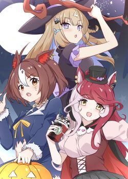 3girls ahoge almond_eye_(umamusume) animal_ears blue_eyes blush breasts brown_eyes brown_hair funamori gran_alegria_(umamusume) halloween_costume hat highres horse_ears horse_girl long_hair loves_only_you_(umamusume) moon multicolored_hair multiple_girls night open_mouth red_eyes staff two-tone_hair umamusume witch_hat yellow_eyes