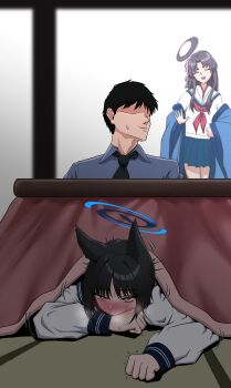 1boy 2girls :d animal_ears black_hair black_necktie blue_archive blue_halo blue_skirt blush cat_ears cat_girl clothed_sex collared_shirt commentary_request floor hair_ornament halo hetero highres indoors kikyou_(blue_archive) kotatsu long_hair long_sleeves multiple_girls necktie nervous_sweating open_mouth otsdarva0079 purple_hair purple_halo school_uniform sensei_(blue_archive) shirt skirt smile sweat table under_kotatsu under_table yukari_(blue_archive)