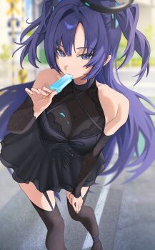 1girl black_thighhighs blue_archive breasts commentary dress english_commentary food garter_straps halo highres holding holding_food long_hair melting_popsicle popsicle purple_eyes purple_hair rosumini thighhighs two_side_up yuuka_(blue_archive)