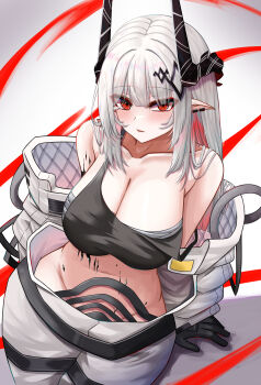1girl absurdres arknights bare_shoulders black_gloves black_horns black_sports_bra blush breasts chest_sarashi cleavage collarbone commentary cowboy_shot crop_top eyes_visible_through_hair gloves groin highres horns jumpsuit large_breasts long_hair long_sleeves looking_at_viewer material_growth mudrock_(arknights) mudrock_(elite_ii)_(arknights) multicolored_hair navel oripathy_lesion_(arknights) parted_lips pointy_ears red_eyes red_hair sarashi sitting solo sports_bra strap_slip streaked_hair vailtred white_hair