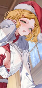 1girl bikini bikini_under_clothes blonde_hair blush braid breasts cleavage commentary_request crown_braid fur-trimmed_bikini fur-trimmed_headwear fur-trimmed_legwear fur-trimmed_thighhighs fur_trim green_eyes hair_ornament hat looking_at_viewer medium_breasts nintendo open_clothes open_mouth open_shirt parted_bangs pointy_ears princess_zelda red_bikini red_hat red_thighhighs santa_bikini santa_costume santa_hat shirt short_hair shuri_(84k) smile solo swimsuit the_legend_of_zelda the_legend_of_zelda:_tears_of_the_kingdom thick_eyebrows thighhighs white_shirt