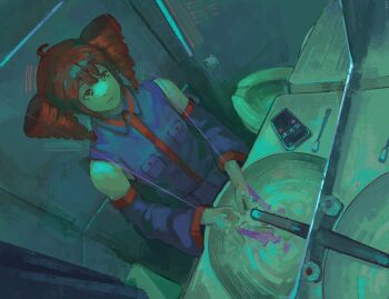 1girl :| blank_stare blue_shirt ceiling_light cewid closed_mouth collared_shirt commentary cowboy_shot curtains detached_sleeves drill_hair dutch_angle english_commentary faucet green_theme highres kasane_teto looking_at_reflection mirror phone red_eyes reflection reflection_focus shirt sink solo toilet toothbrush twin_drills vocaloid washing_hands