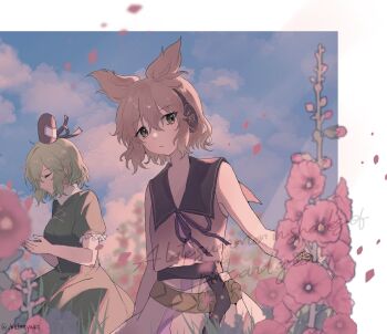 Rule 34 | 2girls, backlighting, closed eyes, cloud, cloudy sky, commentary, cowboy shot, falling petals, field, flower, flower field, hat, headphones, highres, hollyhock, kalmeyaki, looking at viewer, multiple girls, petals, short hair, sky, soga no tojiko, tate eboshi, ten desires, touhou, toyosatomimi no miko, warm colored