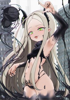 1girl armpits bare_shoulders black_horns black_liquid black_nails breasts fangs forehead goddess_of_victory:_nikke green_eyes grey_hair highres horns leviathan_(nikke) liquid_clothes long_hair looking_at_viewer mesugaki mikkotine navel piercing pointy_ears pubic_tattoo shiny_eyes small_breasts tattoo thick_thighs thighs tongue tongue_out tongue_piercing