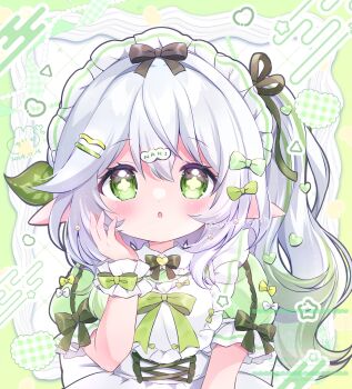 1girl :o alternate_costume black_bow blush bow bowtie chiika_(cure_cherish) commentary_request dated dress fingernails frilled_hairband frilled_wrist_cuffs frills genshin_impact gradient_hair green_bow green_bowtie green_hair green_sleeves hair_between_eyes hair_bow hair_ornament hairband hand_up highres leaf_hair_ornament long_hair looking_at_viewer multicolored_hair nahida_(genshin_impact) open_mouth pointy_ears side_ponytail signature solo symbol-shaped_pupils upper_body white_dress white_hairband white_wrist_cuffs wrist_cuffs