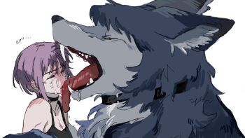 1girl animalization bang_dream! bang_dream!_it's_mygo!!!!! black_choker black_tank_top choker closed_eyes commentary_request gommotheworld highres korean_commentary korean_text licking licking_another's_face off_shoulder parted_lips purple_hair saliva short_hair tank_top tongue tongue_out translation_request wolf yahata_umiri yuutenji_nyamu