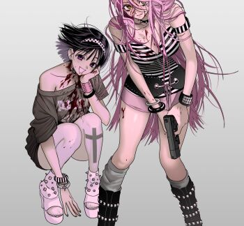 Rule 34 | 2girls, alien stage, alternate costume, black hair, blood, blood on chest, blood on face, bracelet, choker, closed mouth, clothing request, commentary, cross tattoo, green eyes, grey shirt, gun, hairband, head on hand, highres, holding, holding gun, holding weapon, jewelry, leg tattoo, leg warmers, long hair, michi (hnkn michi), miniskirt, mizi (alien stage), multiple girls, off-shoulder shirt, off shoulder, open mouth, pink hair, pink skirt, polka dot hairband, red pupils, shirt, shoes, short hair, skirt, smile, spiked choker, spiked shoes, spiked wristband, spikes, squatting, striped clothes, striped shirt, sua (alien stage), tattoo, very long hair, weapon, white hairband