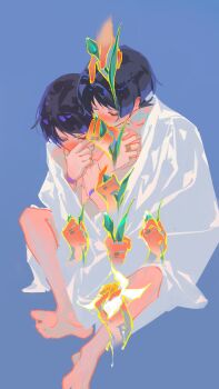 2boys alternate_costume blue_background blue_hair blunt_ends blush bottomless closed_eyes commentary_request covered_mouth crossed_arms doll_joints dual_persona eyeshadow flower full_body genshin_impact gold_ring hand_on_own_face hands_up highres hug hug_from_behind joints kiss kissing_neck leaf long_sleeves makeup male_focus missing_headwear multiple_boys open_clothes open_robe purple_hair qiao2121 red_eyeshadow robe scaramouche_(genshin_impact) selfcest short_hair simple_background sitting v-shaped_eyebrows wanderer_(genshin_impact) white_robe wide_sleeves yaoi yellow_flower