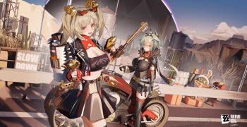 Rule 34 | 2girls, absurdres, bangboo (zenless zone zero), black jacket, black skirt, blue sky, breasts, brown hair, burnice white, caesar king (zenless zone zero), cleavage, cloud, eous (zenless zone zero), eyewear on head, flamethrower, green hair, highres, holding, holding flamethrower, holding weapon, jacket, large breasts, long hair, motor vehicle, motorcycle, multiple girls, open mouth, outdoors, red eyes, road, short hair, skirt, sky, sunglasses, twintails, weapon, xiaojuan (user ezvt7287), zenless zone zero
