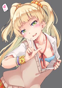 1girl blonde_hair blush bra breasts eyelashes fang female_focus flashing green_eyes heart idolmaster idolmaster_cinderella_girls jougasaki_rika long_hair looking_at_viewer nipples one_breast_out open_mouth oppai_challenge presenting_breasts small_breasts smile solo spoken_heart sweater_vest two_side_up underwear v yamaya_oouemon