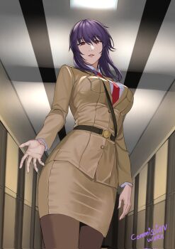 1girl black_pantyhose breasts business_suit commentary english_commentary feet_out_of_frame formal_clothes from_below ghost_in_the_shell hair_between_eyes highres jacket kusanagi_motoko long_hair long_sleeves looking_at_viewer medium_breasts necktie open_mouth pantyhose parted_lips pencil_skirt purple_hair red_eyes red_necktie seilindekos shirt sidelocks skirt solo standing suit white_shirt yellow_jacket yellow_skirt yellow_suit