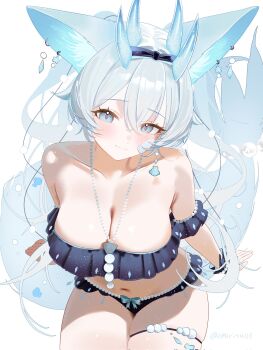 1girl animal_ear_fluff animal_ear_piercing animal_ears aqua_bow arm_support artist_name bare_shoulders bead_necklace beads bikini black_bikini black_scrunchie blue_hair blue_horns blush bow bow_bikini breasts bubble cleavage closed_mouth collarbone commentary crossed_bangs earrings edenia_euclase emirisu floating_hair frilled_bikini frills from_above gauze gauze_on_cheek hair_between_eyes hashtag-only_commentary head_tilt highres horns indie_virtual_youtuber jewelry large_breasts light_particles long_hair looking_at_viewer navel necklace scrunchie simple_background single_earring sitting smile solo stomach swimsuit symbol-only_commentary thigh_strap thighs very_long_hair virtual_youtuber white_background white_hair