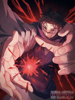 1boy absurdres black_hair black_scarf blood choso_(jujutsu_kaisen) commentary_request cowboy_shot facial_mark facial_tattoo foreshortening gntihno_820 hemokinesis highres incoming_attack jujutsu_kaisen lower_teeth_only male_focus open_mouth outstretched_arms purple_vest red_background red_eyes robe scarf short_hair short_twintails solo tattoo teeth twintails twitter_username vest watermark white_robe