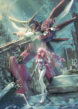 1girl absurdres adjusting_hair anversailles artist_name belt belt_pouch bodysuit boots bow breasts cloud cloudy_sky crane_(machine) english_text film_grain formal_clothes gun gundam gundam_side_story:_missing_link halo handgun helmet heterochromia high_heel_boots high_heels highres holding holding_weapon hololive hololive_english impossible_bodysuit impossible_clothes irys_(hololive) light_rays mecha mechanical_wings medium_breasts mobile_suit navel pale_rider_(mobile_suit) pink_hair pouch rebar redesign rifle robot rubble ruins signature sky smile speaker suit sunbeam sunlight see-through_headwear v-fin virtual_youtuber walking weapon white_suit wings