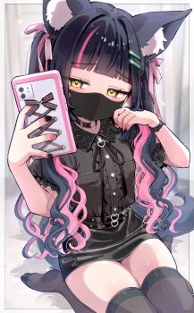 1girl animal_ear_fluff animal_ears black_choker black_hair black_mask black_nails black_ribbon black_shirt black_skirt black_thighhighs blunt_bangs bow center_frills choker collared_shirt commentary_request covered_mouth dress_shirt fox_ears fox_girl fox_tail frills furrowed_brow hair_bow hair_ornament hairclip heart heart_in_eye highres hino_hinoki holding holding_phone indie_virtual_youtuber mask mouth_mask multicolored_hair multicolored_nails nail_polish neck_ribbon no_shoes o-ring o-ring_choker pencil_skirt phone pink_bow pink_hair pink_nails puffy_short_sleeves puffy_sleeves ribbon second-party_source shirt short_sleeves sidelocks skindentation skirt solo streaked_hair symbol_in_eye tail thighhighs trente twintails two-tone_hair virtual_youtuber yellow_eyes