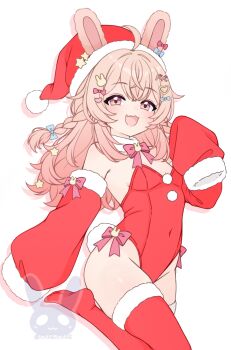 1girl :3 ahoge animal_ears bow braid breasts covered_navel detached_sleeves ears_through_headwear fur-trimmed_sleeves fur-trimmed_thighhighs fur_trim fwunnybwunny hair_bow hair_intakes hat highres leotard loli open_mouth phase_connect pink_eyes pink_hair pipkin_pippa playboy_bunny rabbit_ears rabbit_girl rabbit_tail red_leotard red_thighhighs santa_hat sleeves_past_fingers sleeves_past_wrists small_breasts smile solo standing standing_on_one_leg strapless strapless_leotard tail thighhighs twin_braids twitter_username virtual_youtuber watermark