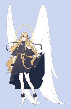 Rule 34 | 1girl, above-cleavage cutout, ankle cuffs, barefoot, black dress, blonde hair, blunt bangs, clothes lift, clothing cutout, dress, dress lift, empty eyes, feathered wings, full body, hair over shoulder, hair ribbon, halo, halo behind head, highres, imgeun, long hair, looking at viewer, omniscient reader's viewpoint, ribbon, shoulder cutout, smile, solo, standing, uriel (omniscient reader's viewpoint), very long hair, white wings, wings, wrist cuffs